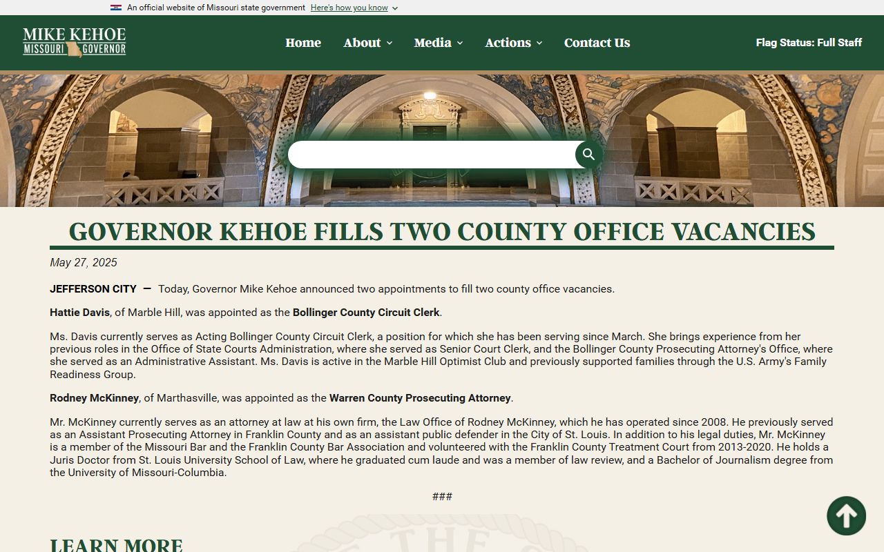 Bollinger County Circuit Clerk Hattie Davis governor appointment source