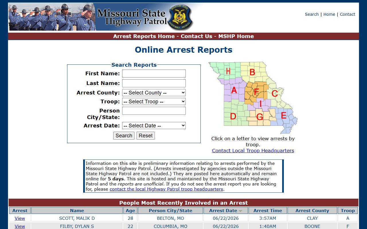 Bollinger County arrest records MSHP arrest report search