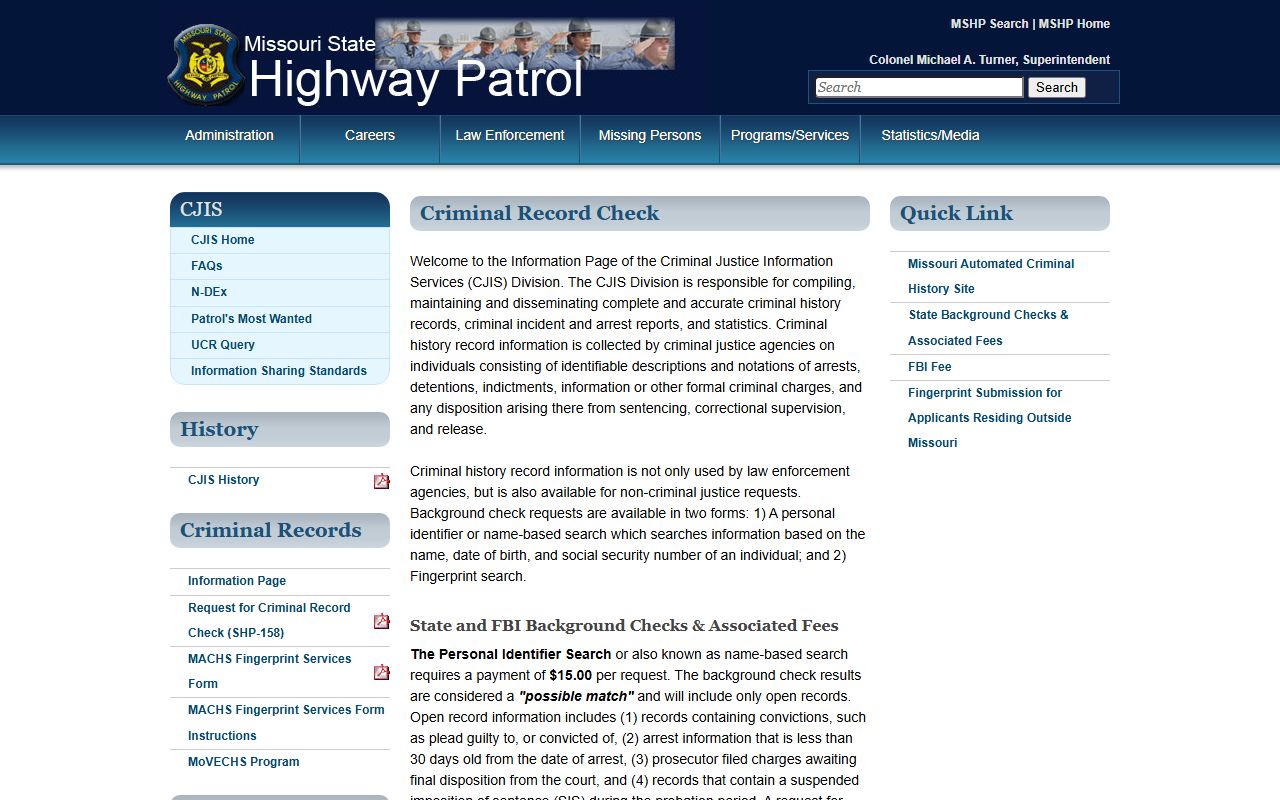 Bollinger County criminal court records MSHP criminal record check channel