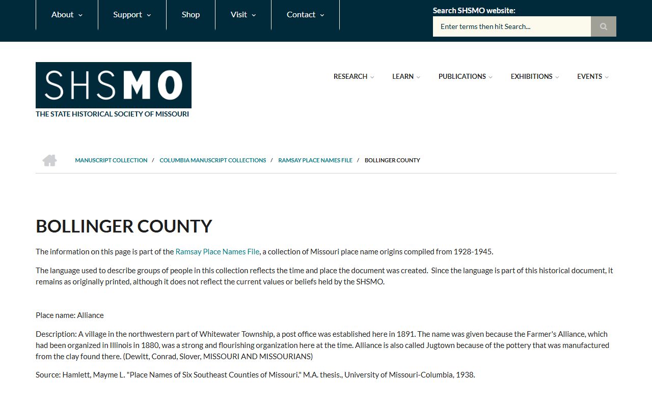 Bollinger County court records State Historical Society history notes
