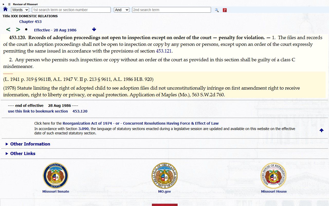 Bollinger County divorce records Missouri adoption confidentiality statute