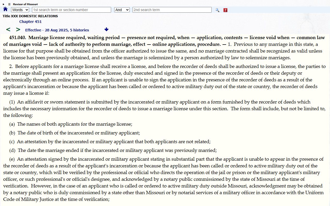 Bollinger County marriage records Missouri marriage license statute