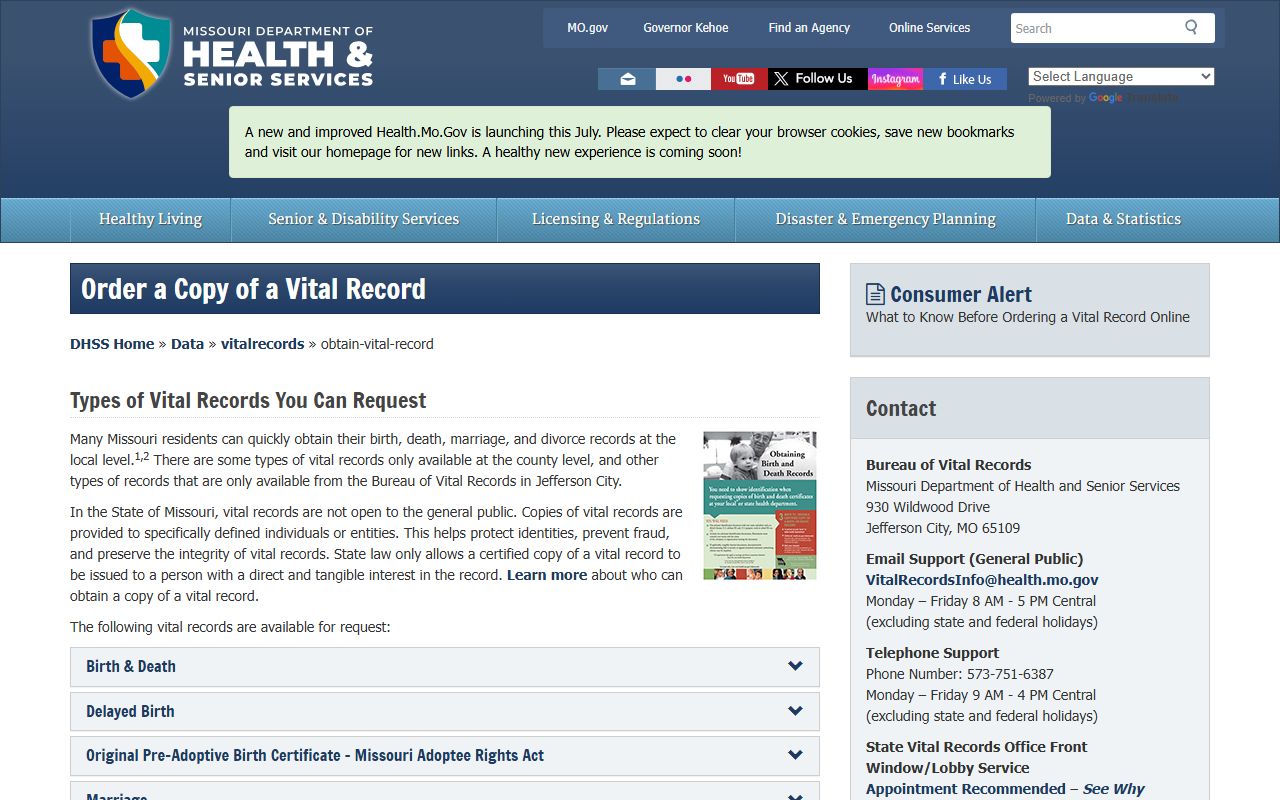 Bollinger County marriage and divorce records Missouri DHSS vital records page