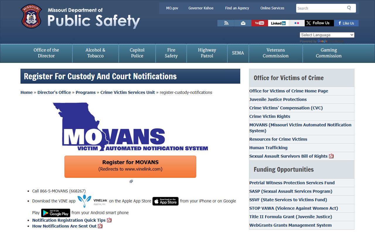Bollinger County warrant custody notification registration