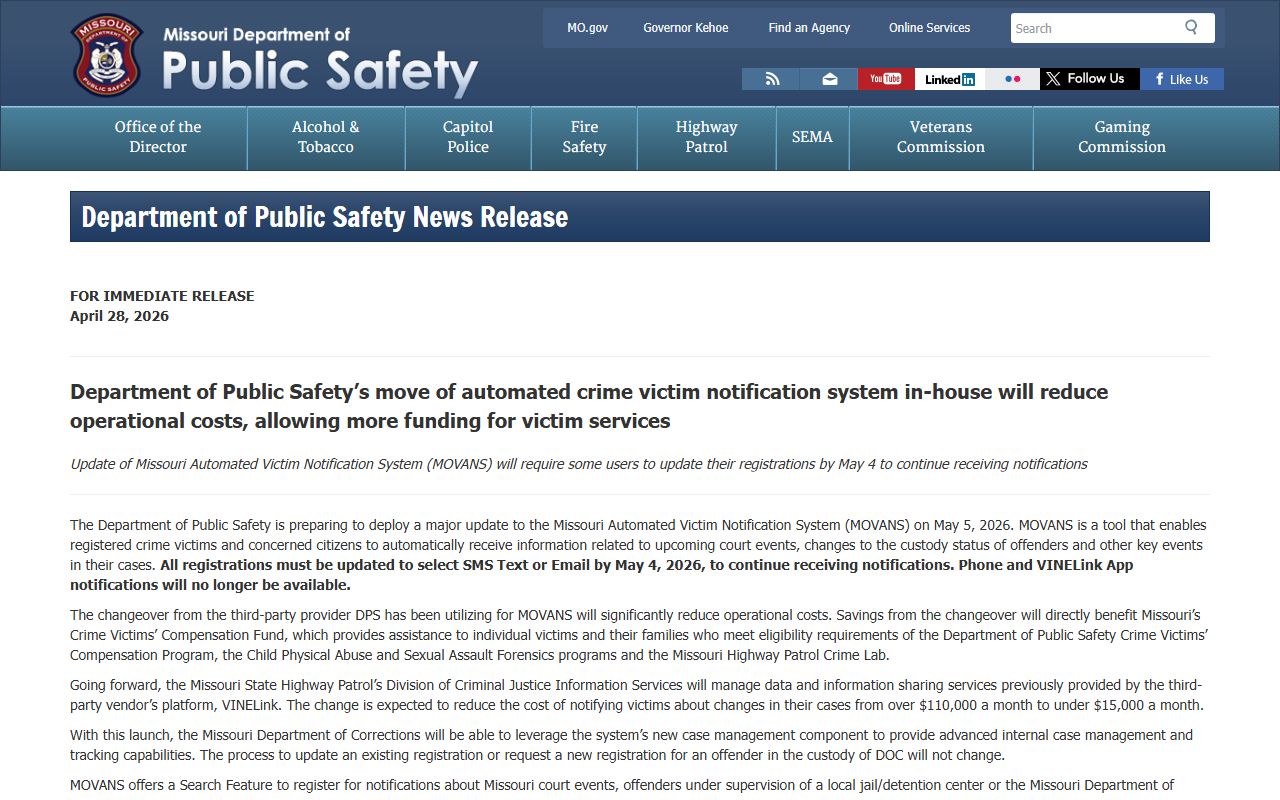 Bollinger County warrant MOVANS notification change notice
